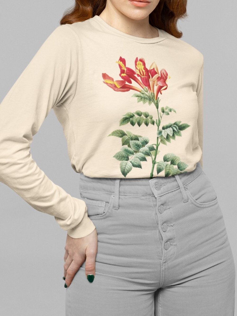 Cape Honeysuckle Vintage Floral Print Long Sleeve Graphic Tee T-shirt S-XXL
